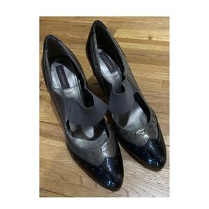 Ruby & Bloom Mary Jane Wingtip Pumps Grey Black Patent Heels Vintage Retro-9